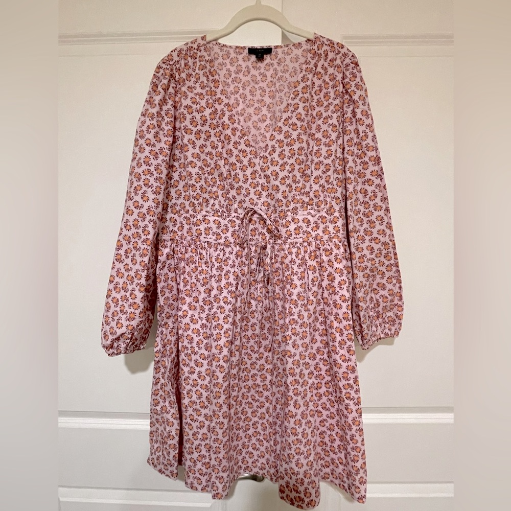J. Crew Pink Floral Long-Sleeve Tie-Waist Mini Dress